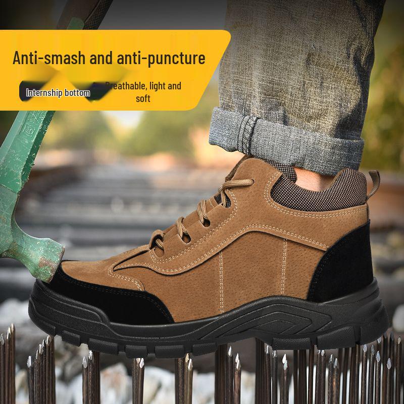 Men's Steel Toe Safety Work Shoes: Solid Bottom, Anti-Smash, Anti-Puncture, Lightweight, Wear-Resistant, Thick Sole, High-Top Protection.