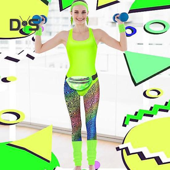 Женский спортивный костюм в стиле ретро 1980-х годов, спортивная одежда, фитнес-экипировка, аксессуары для костюмов с жилетом, леггинсы, повязка на голову, браслеты, гетры, серьги, поясная сумка