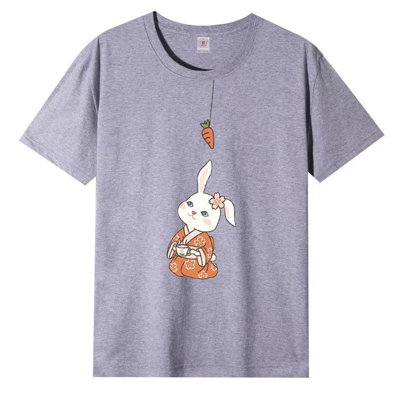 Футболка с изображением кролика из хлопка для женщин 2025 года, летние новые белые трендовые женские свободные топы с короткими рукавами