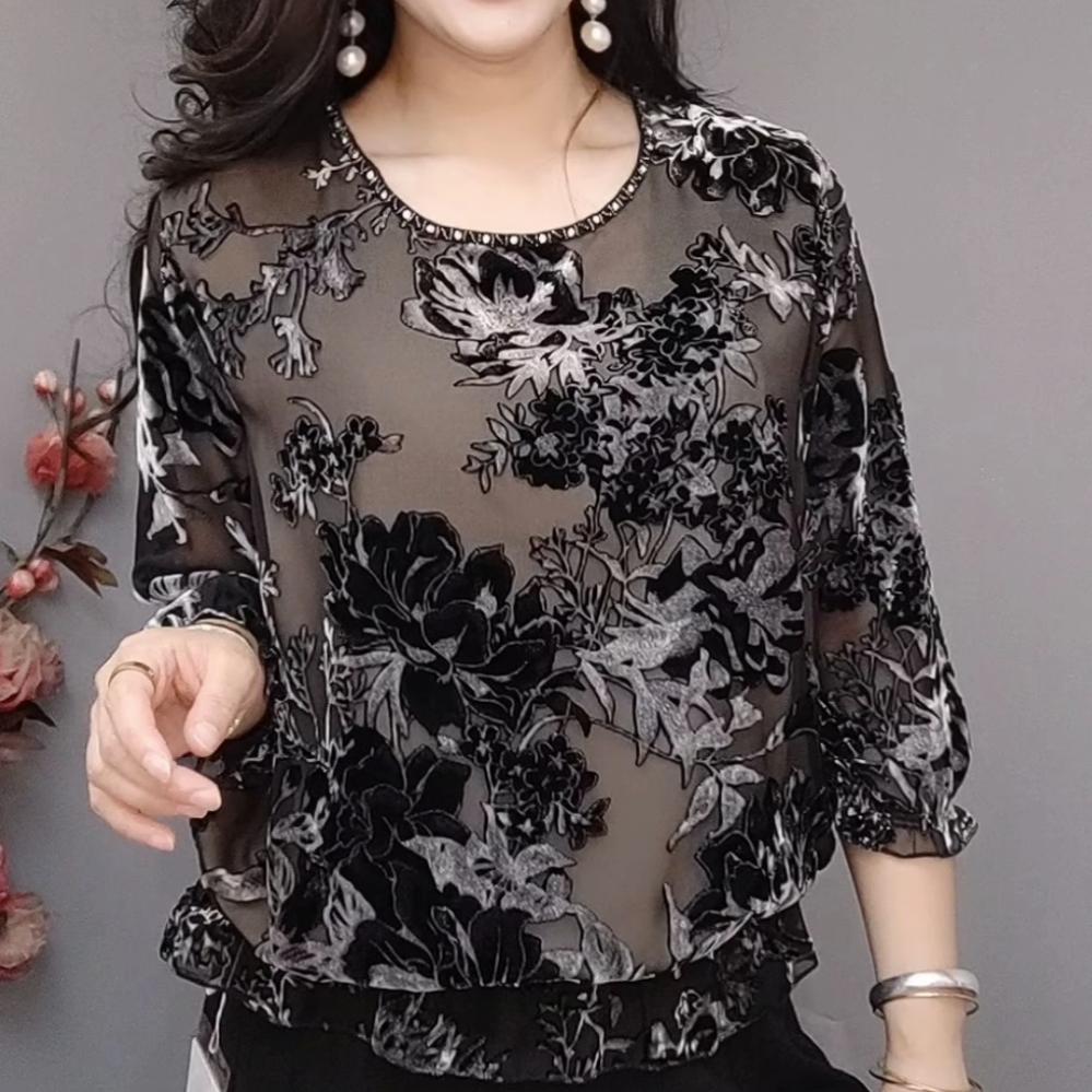 Autumn Women's Printed Velvet Blouse Loose Soft Pullover Long-sleeve Plus Size Velvet Blouse