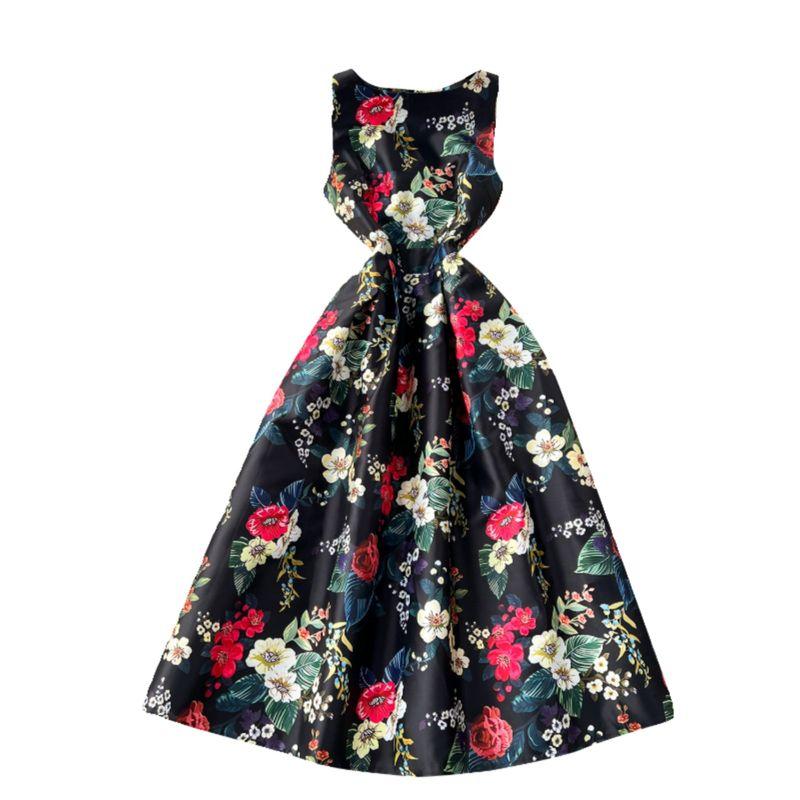 Court Style Dress Women's 2024 New Arrival Retro Print Silm Mid Length Long Length Large Swing Sleeveless Vest Dress Women's Dress