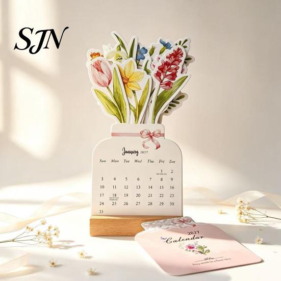 Monthly Planner For 2027 Flower Desk Calendar, English Tabletop Calendar with Wooden Base, Floral & Cat Decorative for Office Home Desktop Cute