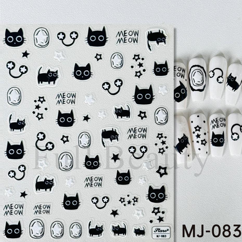 Kawaii Little Black Cat Nail Stickers Cartoon Cute Cat Stars Letters Nail Sliders Y2K Korean Japanese Nail Art Manicure Decors