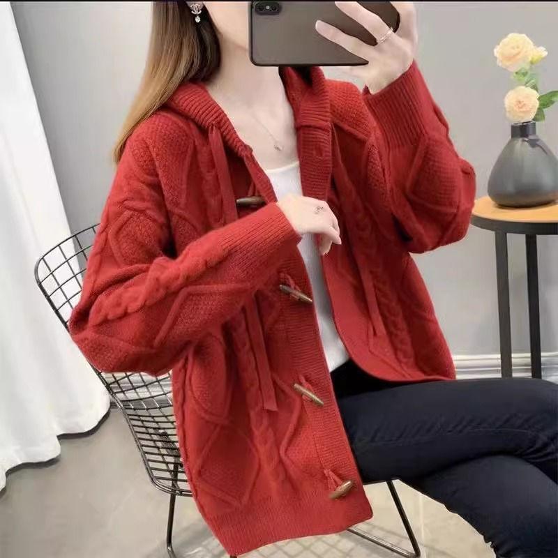 Женский свитер-кардиган с капюшоном. Модный и популярный свободный вязаный кардиган для осени и зимы.