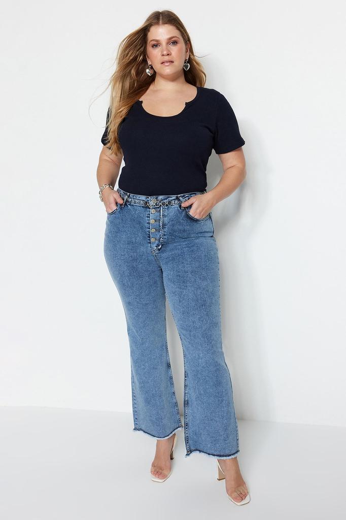 Women's Style Plus Size Navy Blue Collar Detailed Ribbed Knitted T-shirt