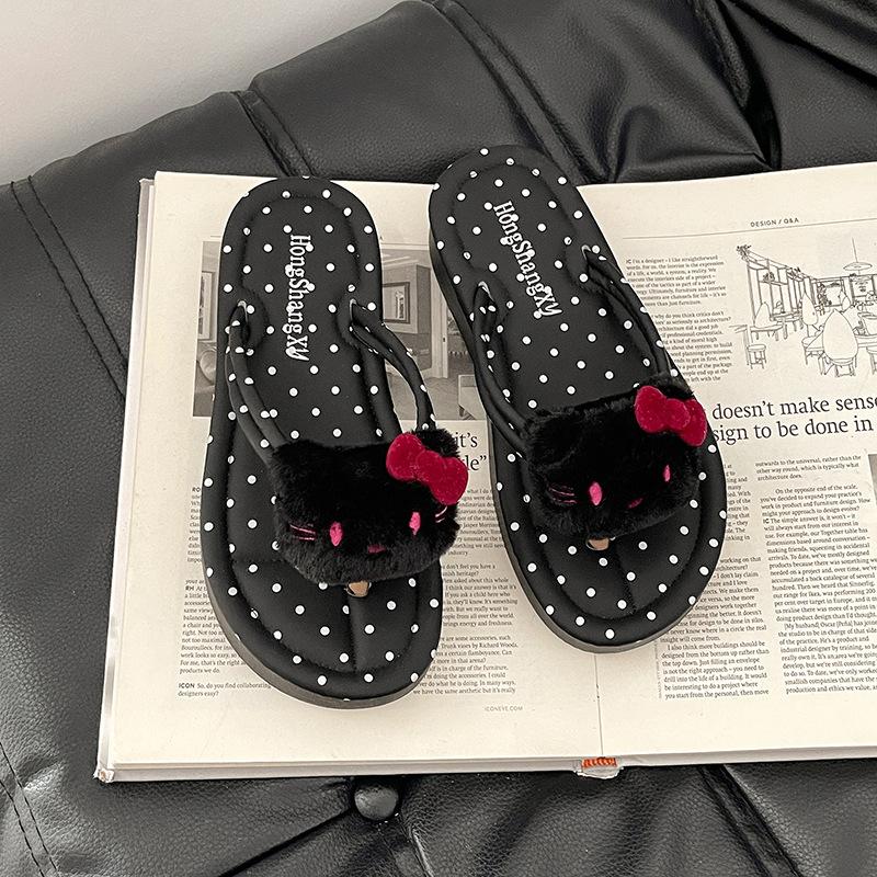 Fashion Versatile Polka Dot Kitten Flat Flip-flops Women Wear Cute Cartoon Non-slip Foot-pinch Thick-soled Sandals In Summer
