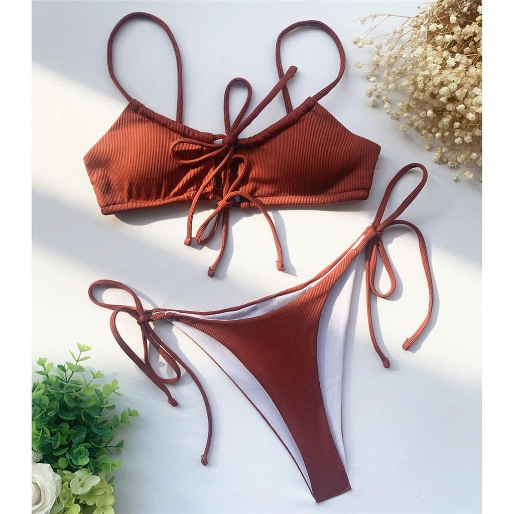 Сексуальное бразильское бикини в рубчик на шнуровке, женский купальник, женский купальник из двух частей, комплект бикини, купальный костюм для плавания