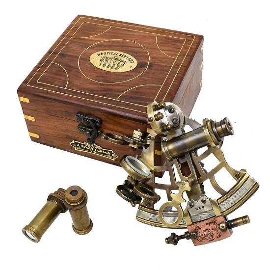 Винтажный латунный морской секстант, немецкая копия Дж. Скотта с деревянной коробкой, морской инструмент, небесный телескоп с двумя безделушками, прицел