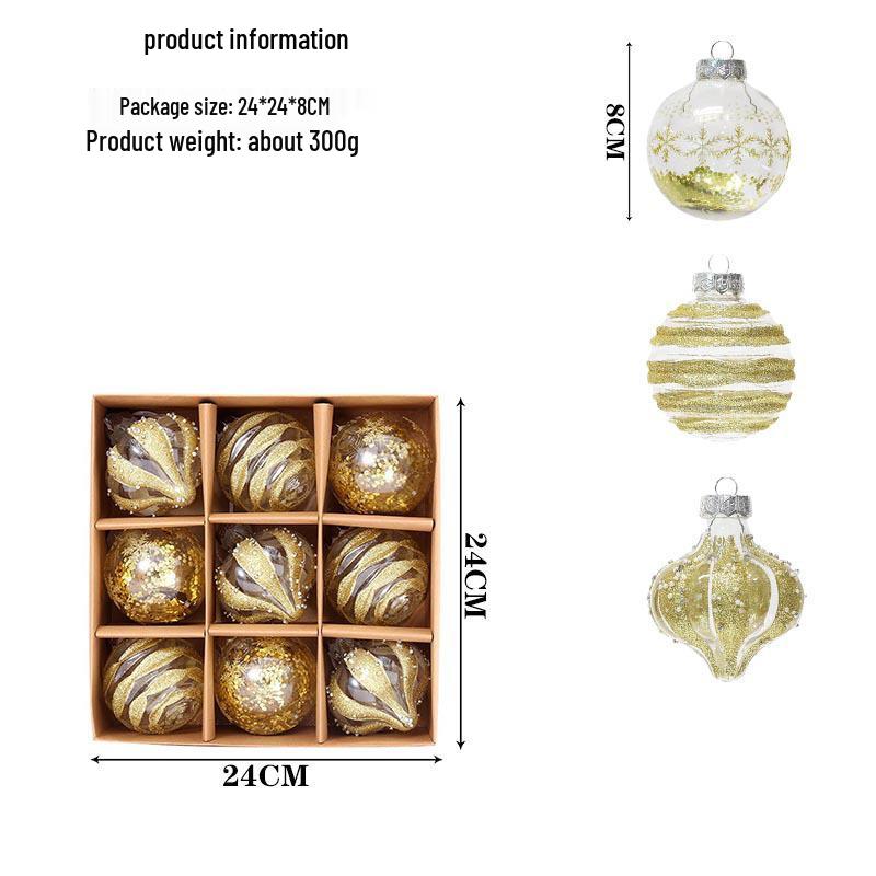 Exquisite Transparent Hand-Painted PET Christmas Ornament Set, 8cm, 9-Piece Holiday Decorations