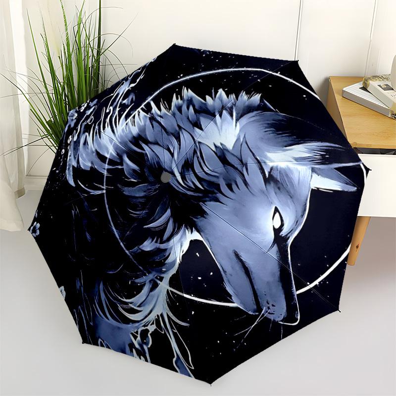 1pc Wolf Moon Automatic Open/Close Umbrella with One-Touch Button, Compact Folding Canopy, Sturdy 8-Rib Windproof Design S27