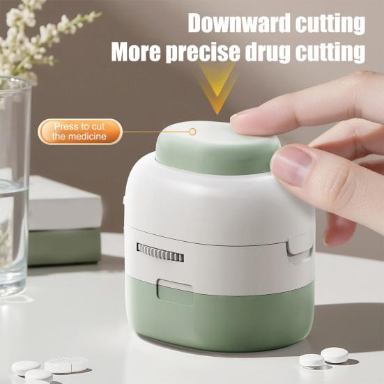 Универсальный нож для разрезания таблеток 2-в-1 с регулируемым размером 1/2 1/4 дюйма, острым лезвием и отсеком для хранения. Портативный и безопасный нож для разрезания таблеток любого размера.