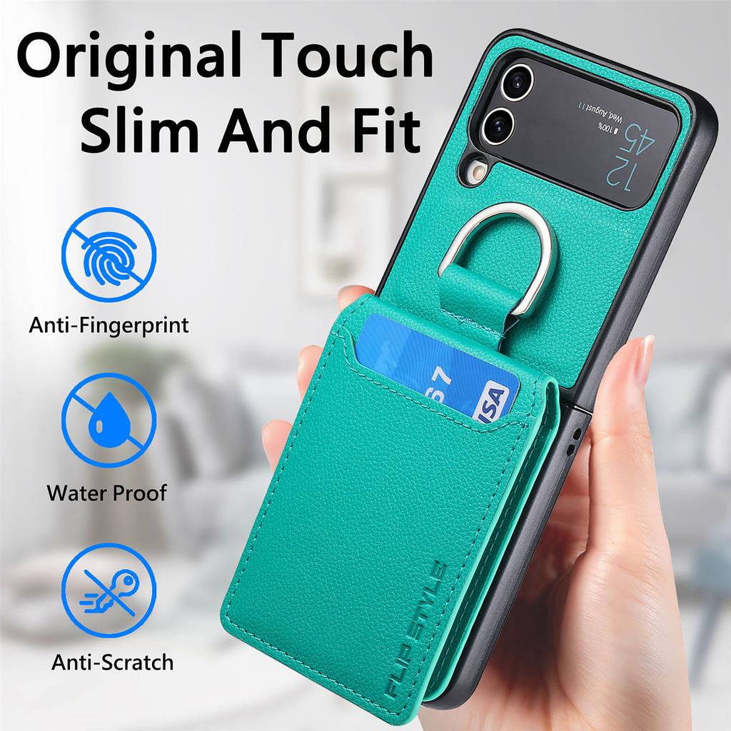 Anti-Falling Finger Ring Card Holder Leather Case for Samsung Galaxy Z Flip 4 Flip4 5G Flip3 Flip5 Flip 3 5 Zflip3 Phone Cover