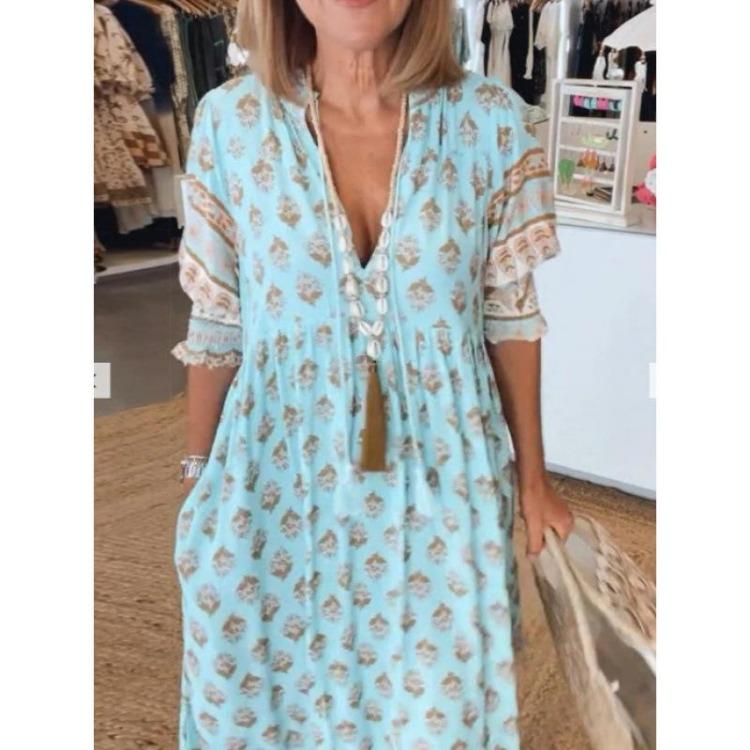 Summer Bohemian Women Dress V Neck Lantern Sleeve High Waist Swing Floral Print Fashion