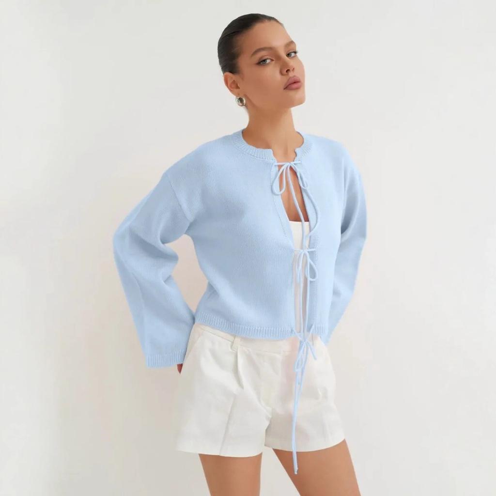 Женский кардиган с завязкой спереди и бантом, вязаный пуловер с длинным рукавом, верхняя одежда, пальто на шнуровке, с круглым вырезом, вязаные крючком кардиганы для женщин, осенний наряд, куртка-свитер