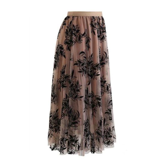 Women A-Line Skirt 3D Embroidered Leaf Print Double-Layered Mesh Tulle High Waist Midi Skirt