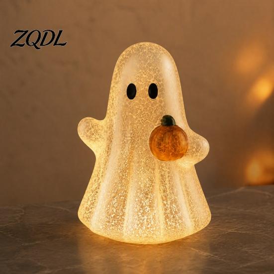 Resin Fall Tabletop Ornament Cracked Ghost Figurine Light, Halloween Table Centerpiece, LED Light-up Decorative Holding Pumpkin for Home Mantel