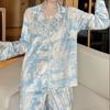 Spring Autumn New Ice Silk Soft Clothes Sets Lapel Button Cardigan Women Sets Luxury Two Pieces Blue Women Pajama
