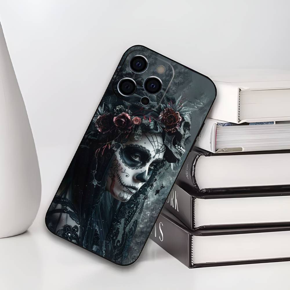 Day of the Dead Catrina Skull Phone Case For IPhone 17,16,15,14,13,12,11,Plus,Pro,Max,Plus,XS,soft case Black silicone