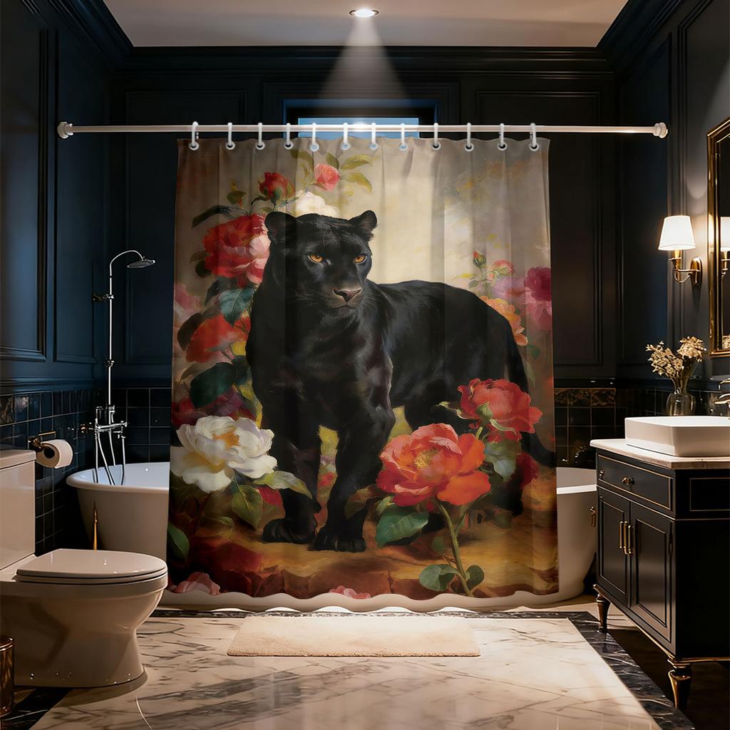 Черная пантера Леопард Цветочная шторка для душа 90 г/м² Водонепроницаемая Роза Ирис Печать Декор для ванной комнаты С крючками