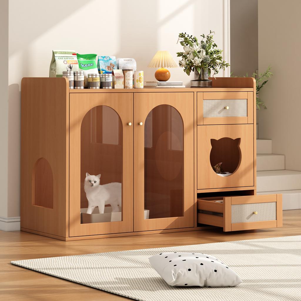 Cat House and Litter Box Cabinet with Feeding Bowls, Cat Rest Area, Storage Area (Litter Box and Cat Cushion not included), Walnut Color, 120x45x83 cm