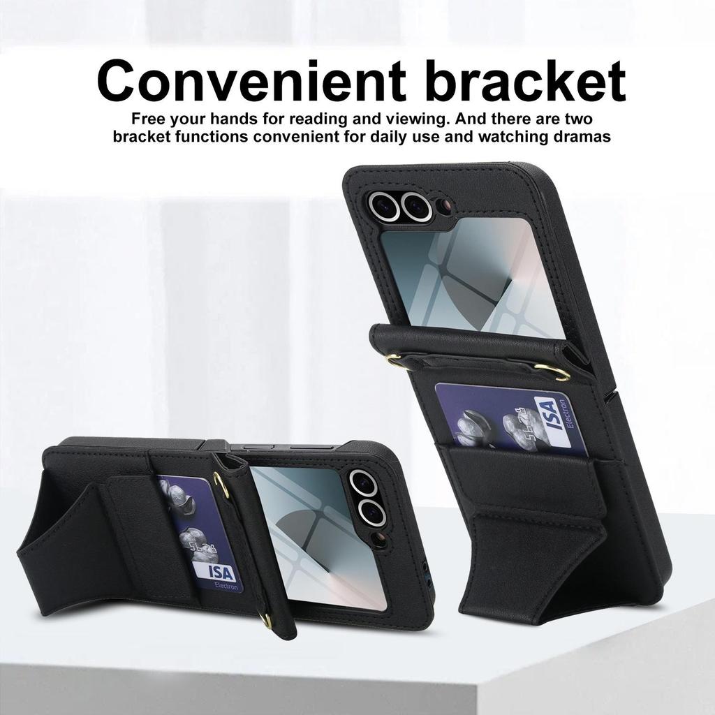 Кожаный чехол-кроссбоди для Samsung Flip6/7 с отделением для карт и защитой из закаленного стекла