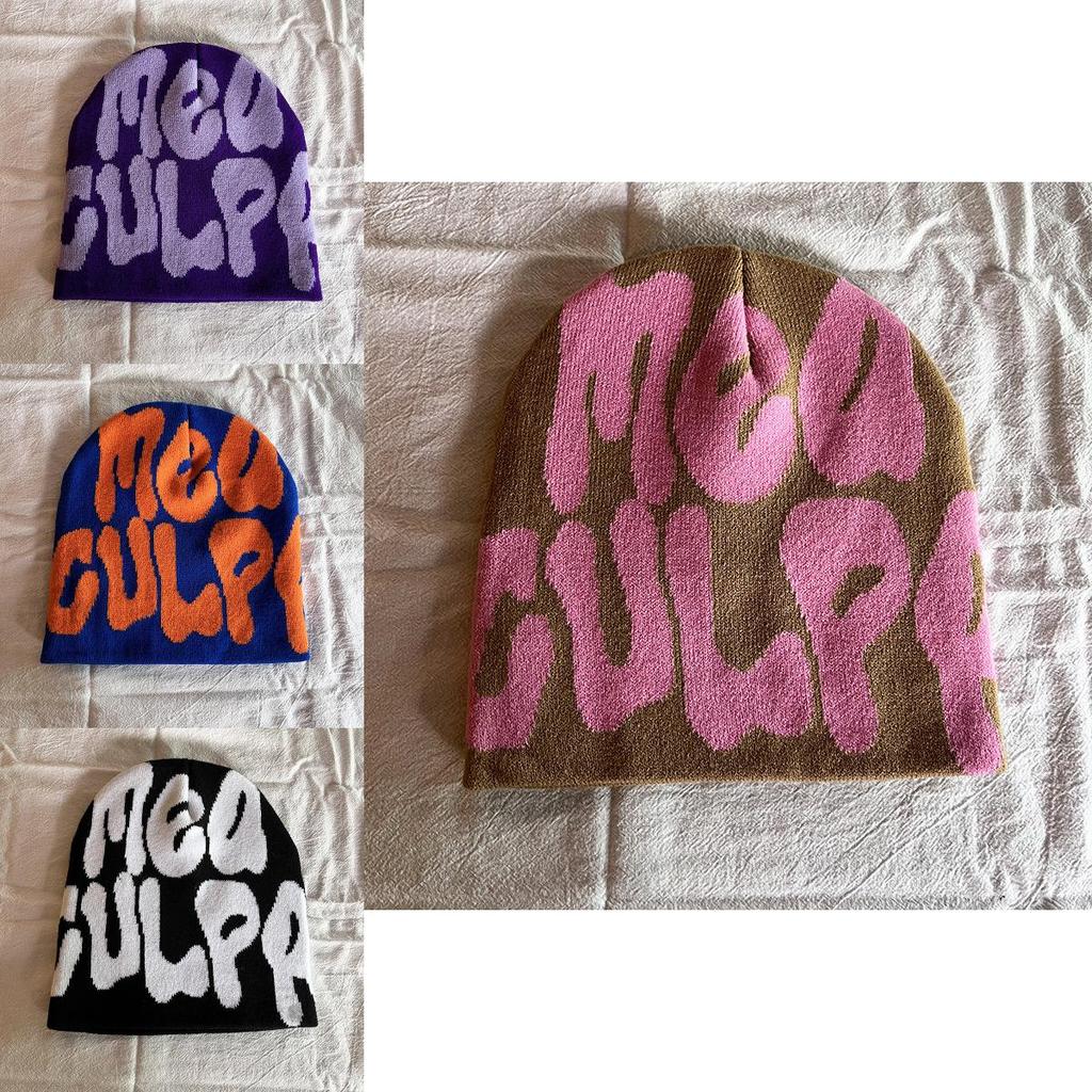 Acrylic Knit Beanie Hat With Embroidered Letters For Streetwear Fashion In Winter Season