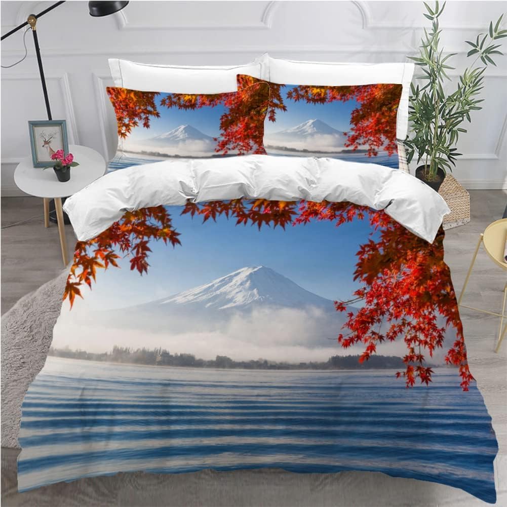 Mount Fuji Duvet Cover Twin Size Kids Cherry Blossoms Comforter Cover Set For Boys Girls Teens Natural Scenery Art Bedding Set
