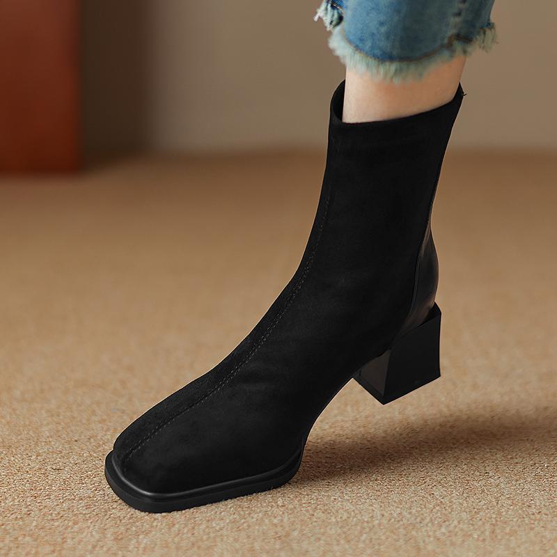 Krazing Pot Осенне-зимняя обувь из флока Ботинки Челси с квадратным носком, сохраняющие тепло, на молнии, эластичные ботильоны