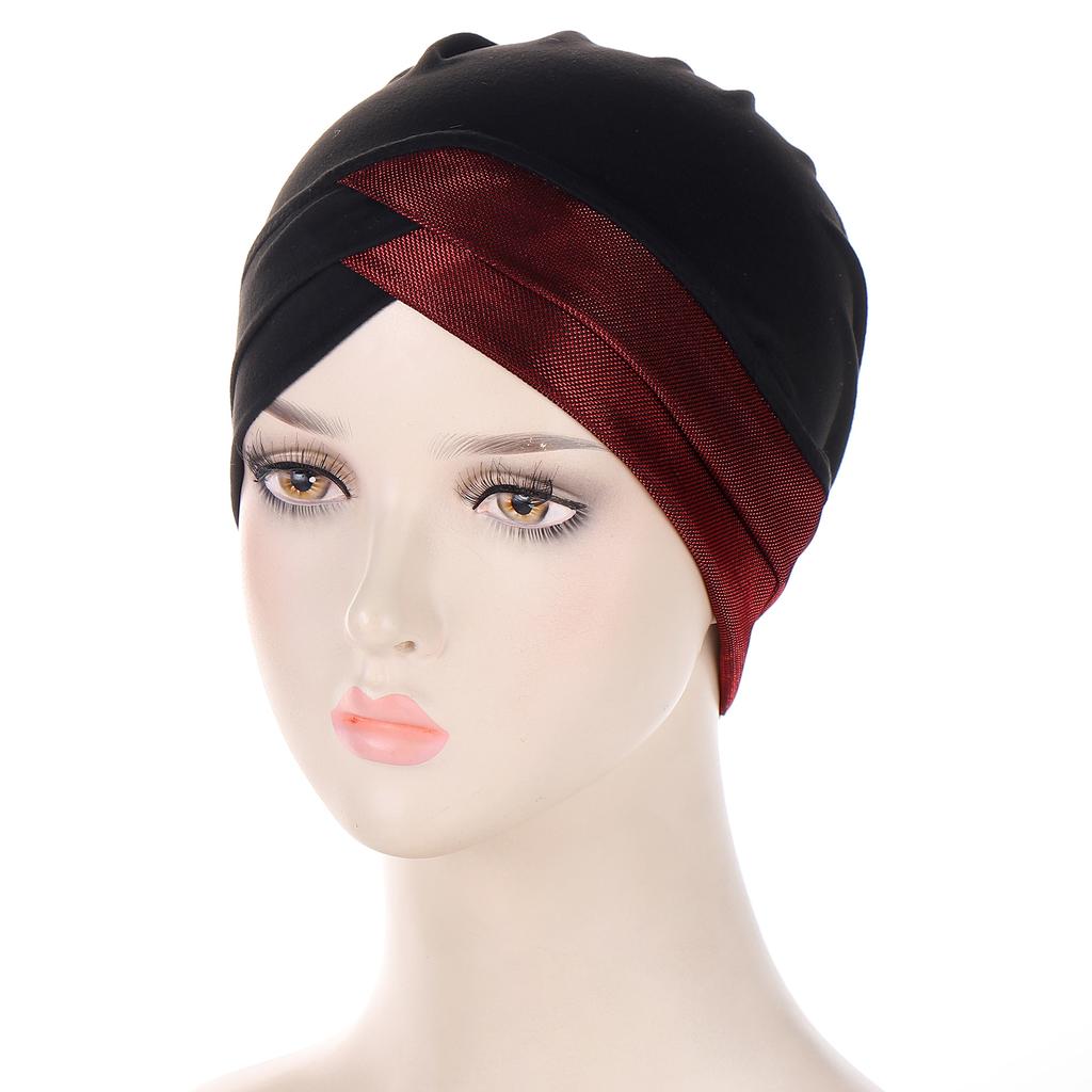 Эластичная ткань Блестящая нить Перекрест спереди Индийская шапка Кристальный лен Головной платок Мусульманская базовая шапка