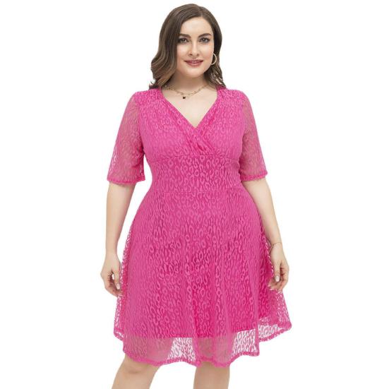 Plus Size Dress Lace V Neck Short Sleeves Leopard Pattern Double-layered Prom Wedding Party Midi Dress Summer Short Dress