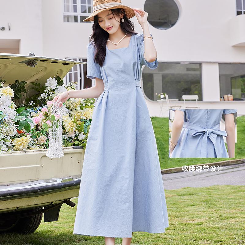 French temperament generous collar basic clean color simple strap waist slimming dress