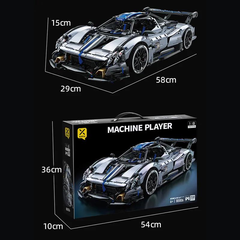 1:8 Silver Blue Supercar Racing Sports Car Building Blocks Sets High Detail with Rear Linked Engine Track Wing Ideal for Car Toy