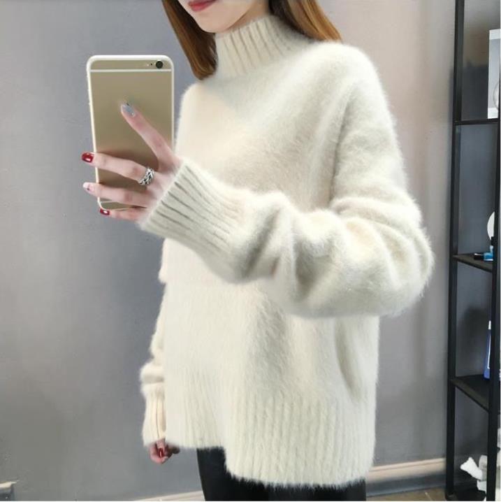 Waterproof And Winter Autumn Nonshedding Mink Sweater Womens Bottoming Shirt Thick Loose Half High Collar Solid Color Pullover Soft And Comfortable