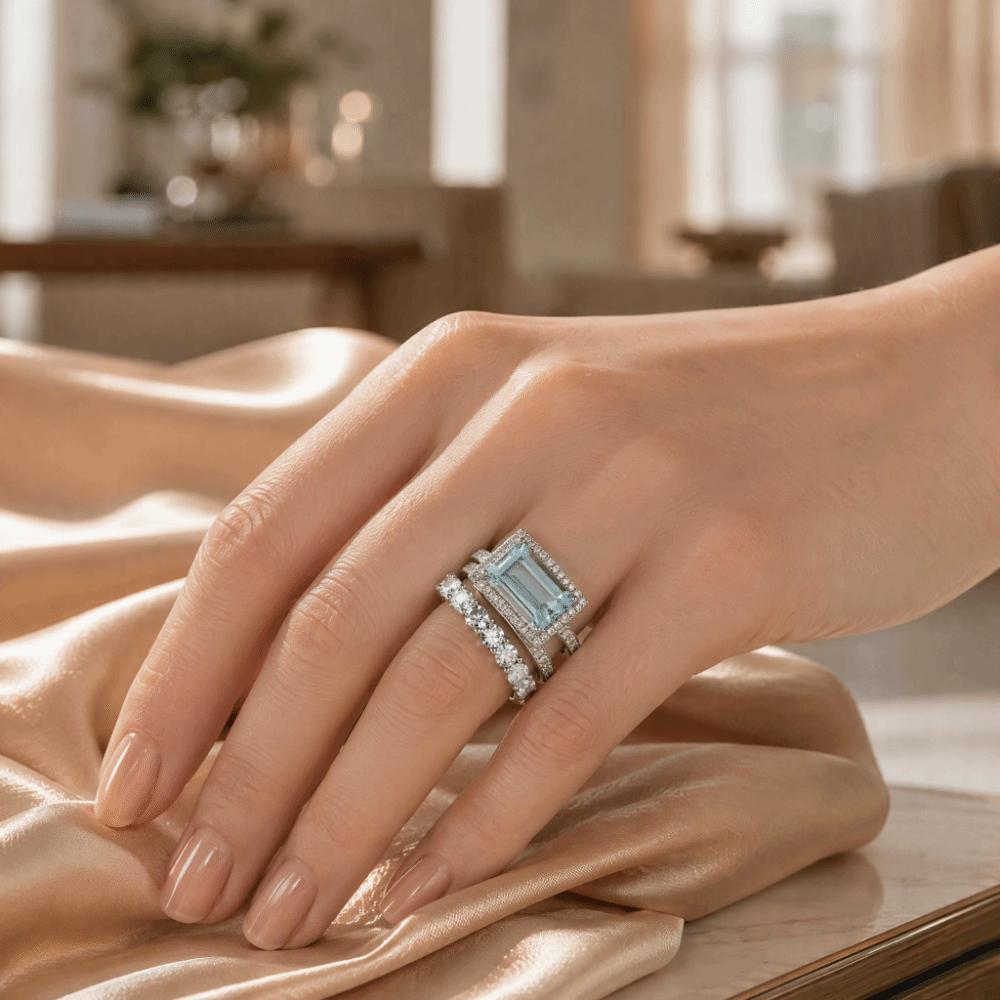 Large Rectangular Stone Stacking Rings Fine Inlay Craft Jewelry Gift Engagement Occasion