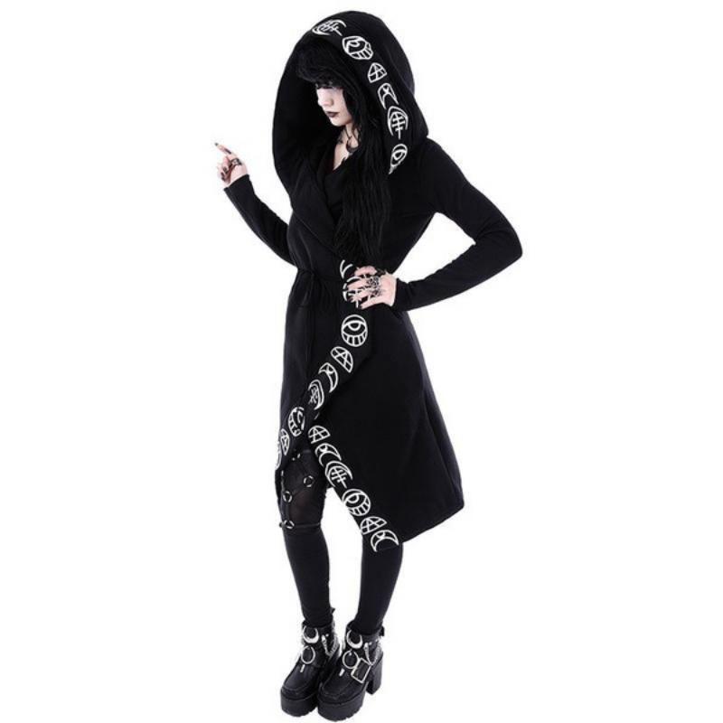 Spring and Autumn Women's Punk Style Moon Pattern Long Sleeve Long Cardigan Hoodie