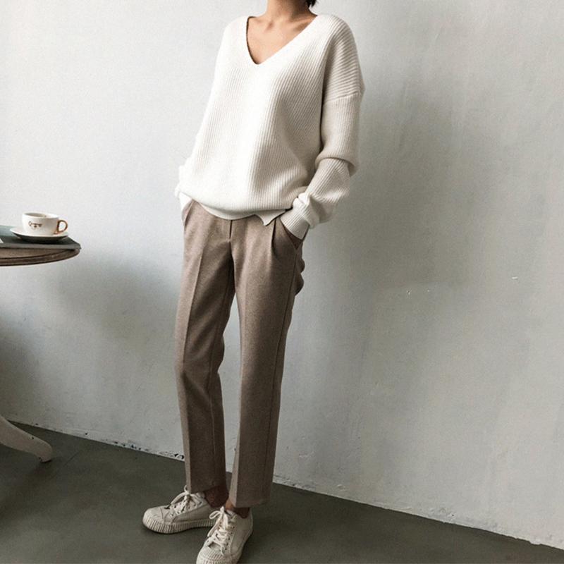 Свитер с v-образным вырезом, свободный простой пуловер с неровным краем, вязаный топ для женщин