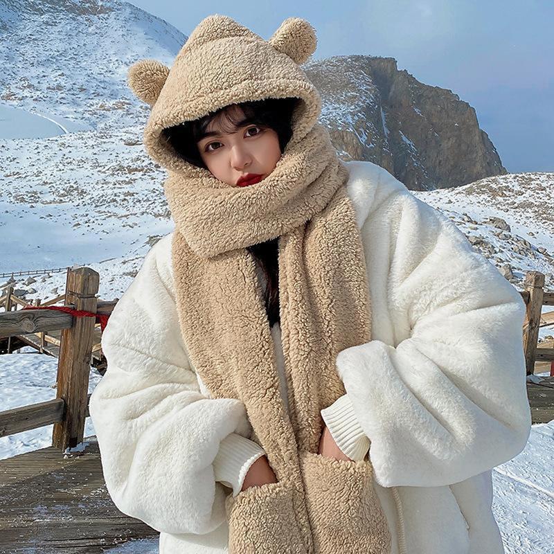 1Pc Cute Bear Ear Hat Scarf Gloves 3-In-1 Winter Warm Hedging Cap Women Windproof Plush Hat Scarf