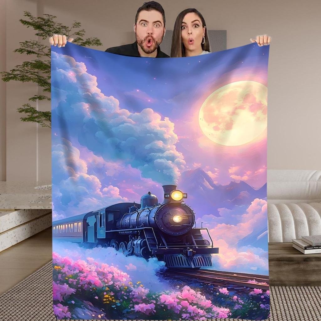 1pc Dream Train Digital Printed Design Blanket - All-Season Soft Flannel Throw with Vibrant Train & Floral Scene, Mixed Colors