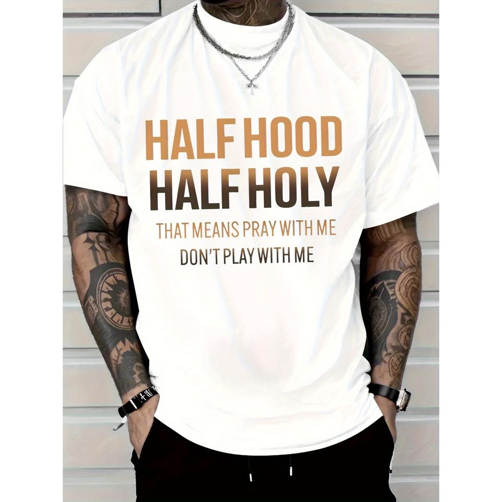 Half Hood Half Holy Graphic Tee Men Casual Round Neck Short Sleeve T-Shirt