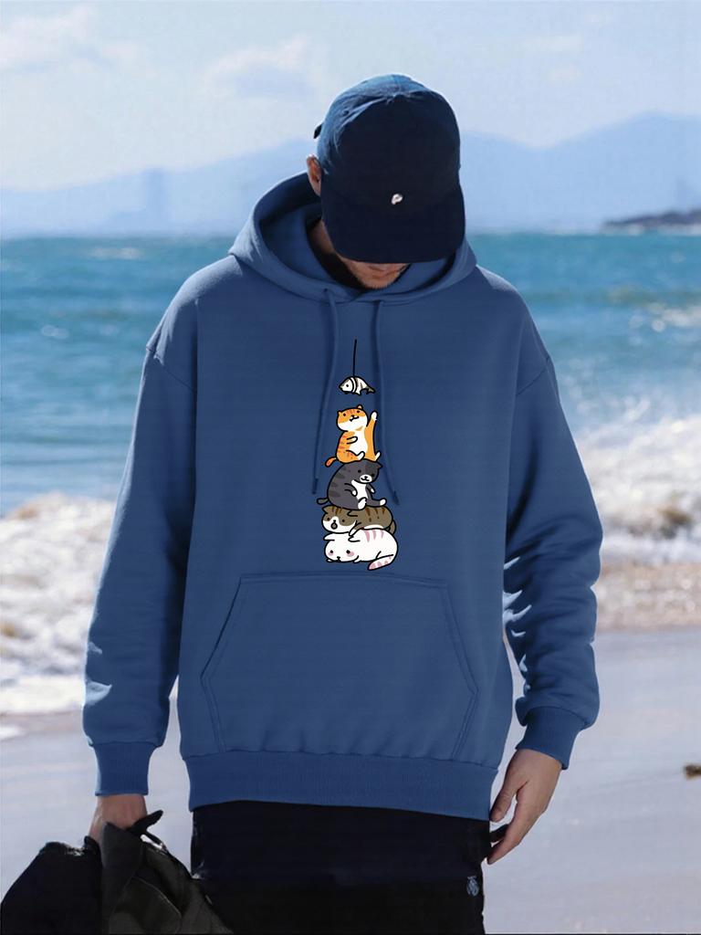 Fish Catching Cats Printed Men Hoodies Multicolor Fleece Pullover All-Match Pocket Hoody Hip Hop Oversized Male Streetwear