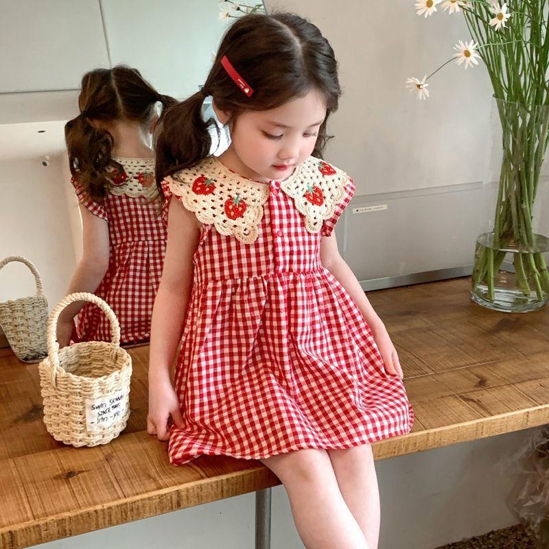 Girls Summer Checkered Dress with Strawberry Print and Polo Collar