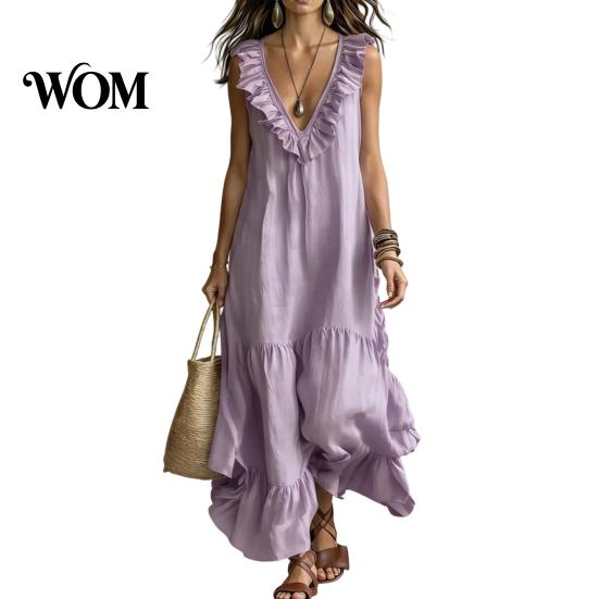Mid-length Loose Dress Women's Deep V Neck Ruffle Trim Maxi Dress, Sleeveless Fit Flowy Beach Sundress, Summer Casual Tiered A-line Long Women