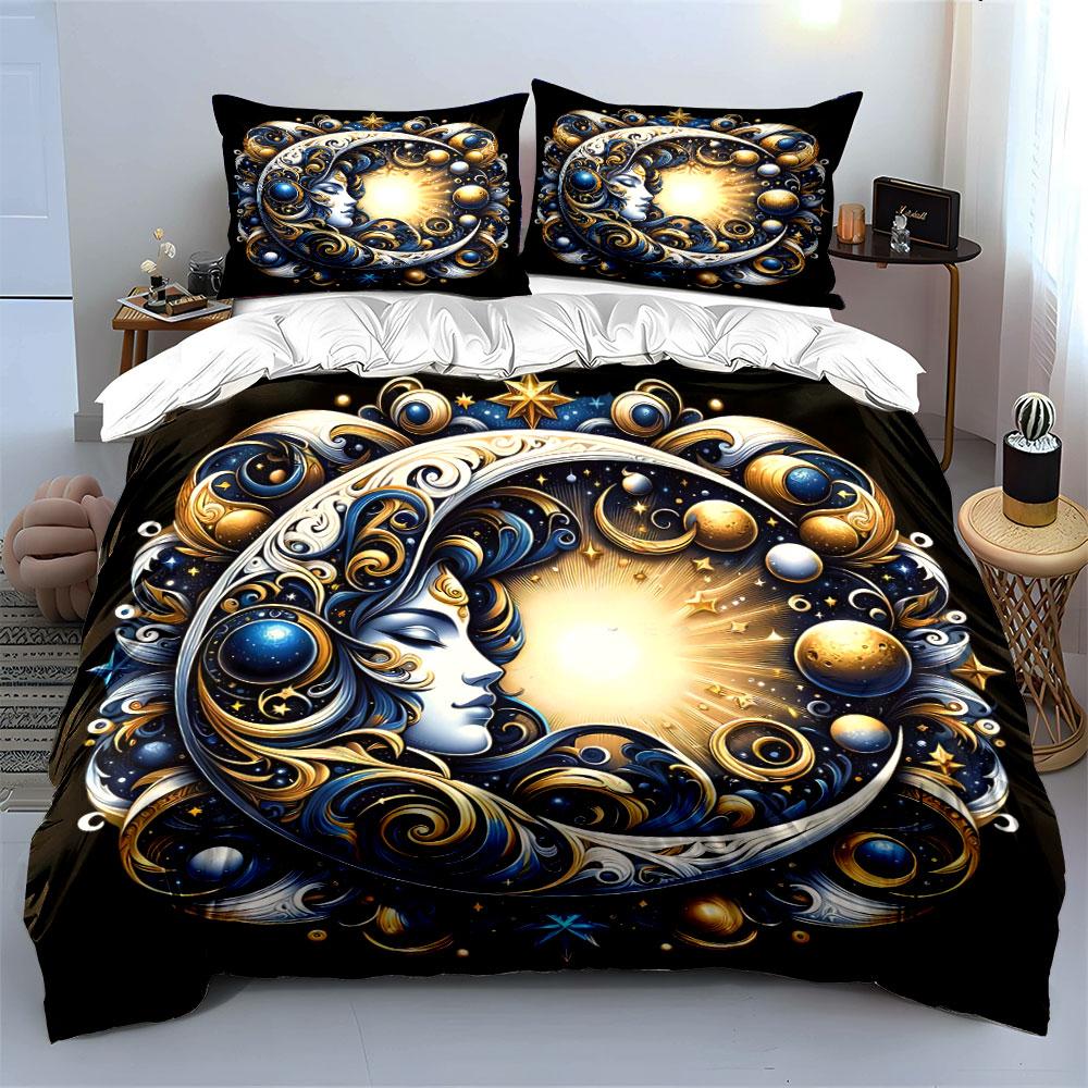 Celestial Moon and Sun Art Set Bedding Set with 1 Duvet Cover 2 Pillowcases Single Double King Queen, Gift