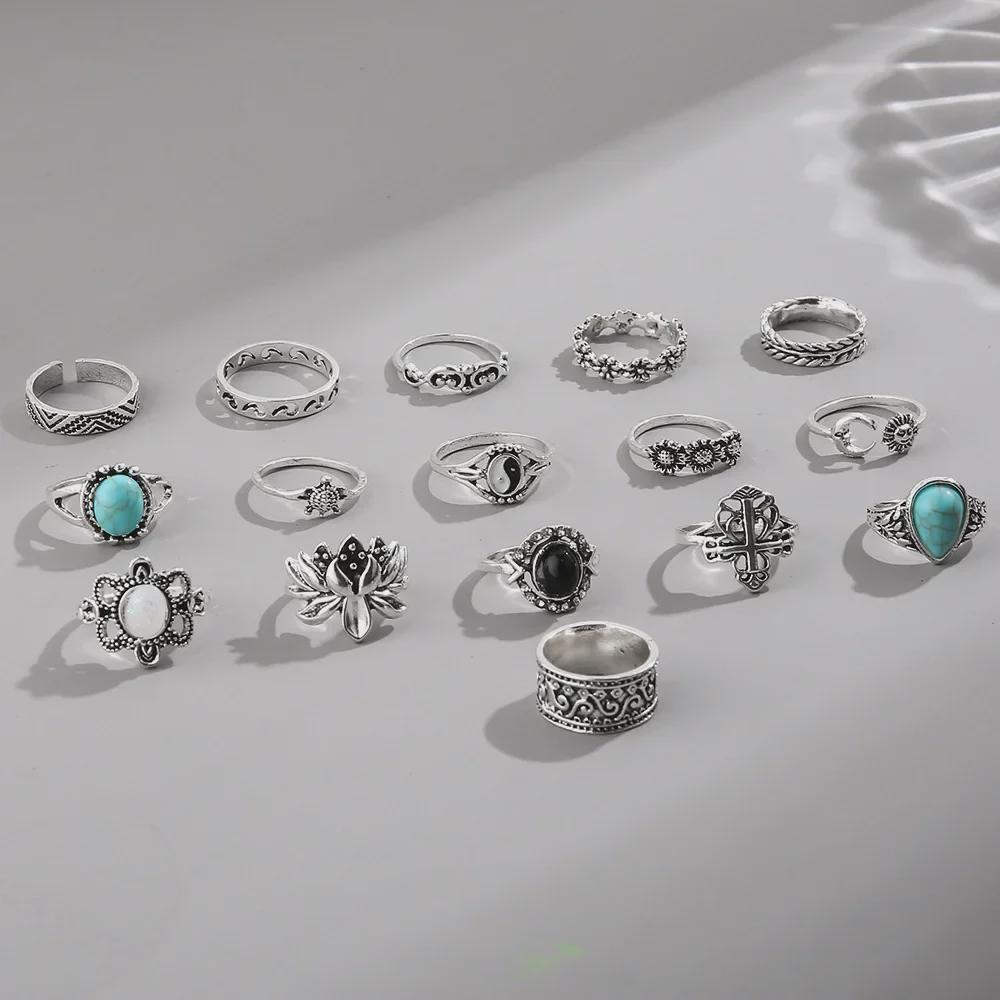 Винтажный комплект колец с бирюзой и черными драгоценными камнями в виде цветка черепахи - 16 шт. для женщин