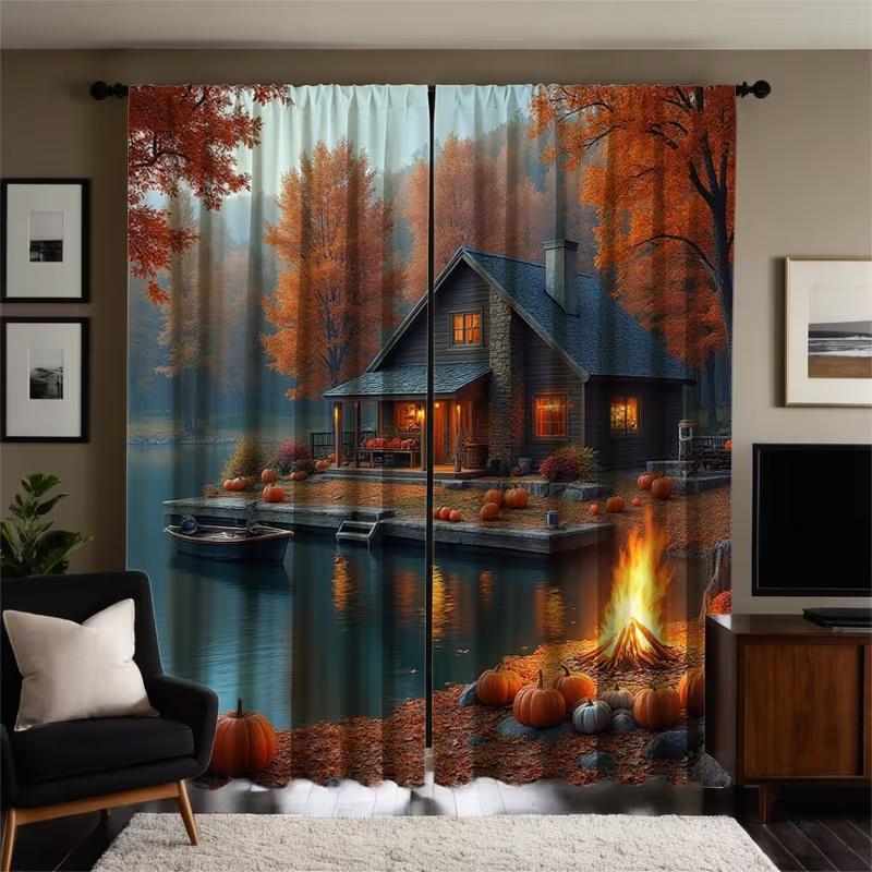 2 шт. Шторы с принтом озерного пейзажа, подходят для декора спальни, гостиной, кухни, декора дома, декора окна