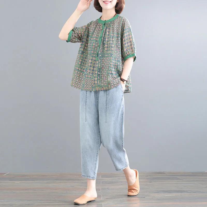 Женский летний свободный повседневный топ с принтом, уменьшающий возраст, с круглым вырезом, для поездок на работу