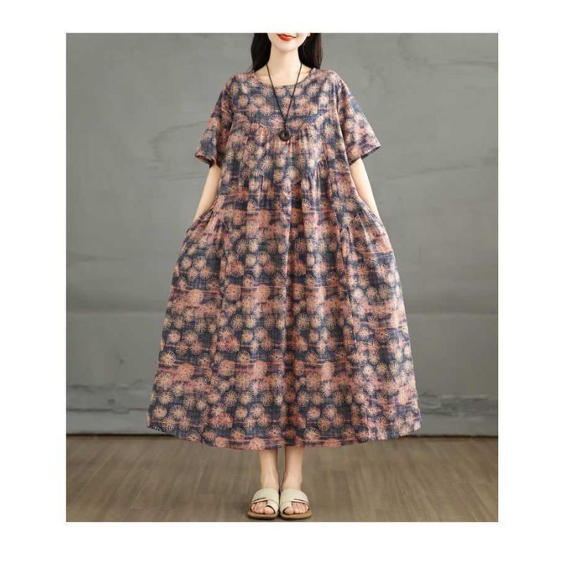 Летнее ретро платье из хлопка и льна с круглым вырезом и короткими рукавами, женская свободная юбка