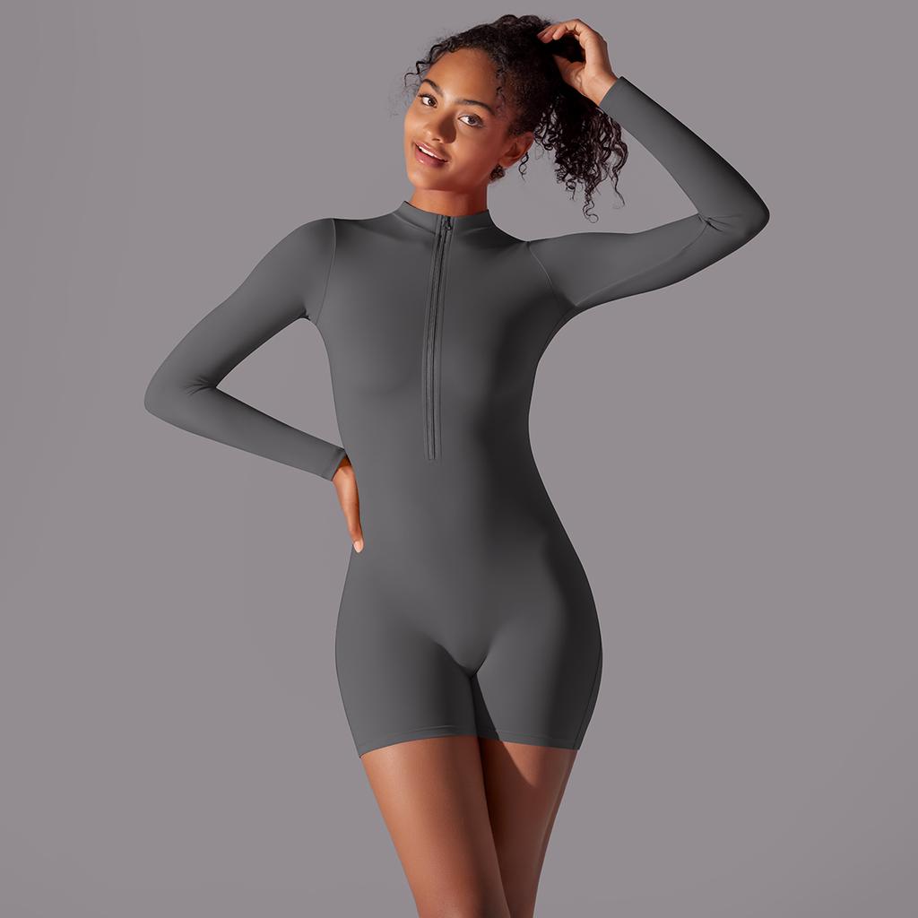 Шорты, комбинезон для йоги Nessaj, высокоэластичный женский спортивный комбинезон, однотонный цельный спортивный костюм на молнии