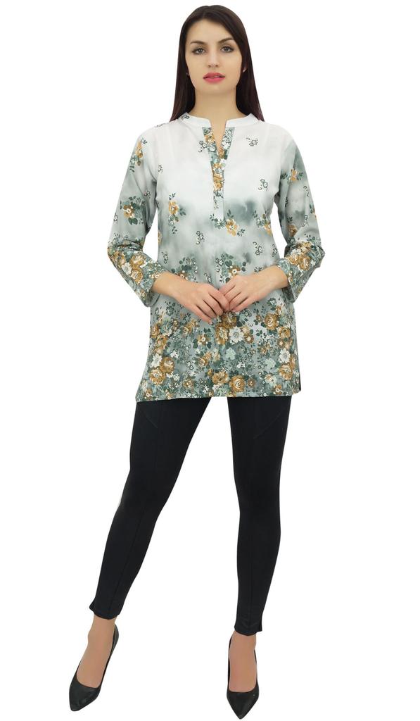 Phagun Women's White Floral Digital Printed Long Sleeve Tunic Casual Top -