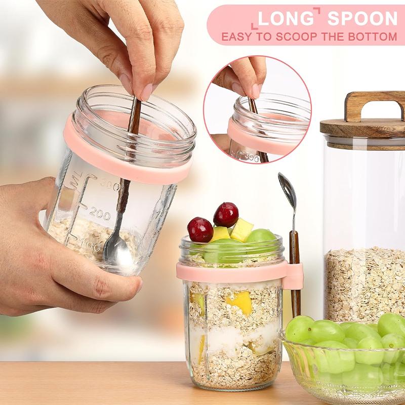 Overnight Oats Jars Portable Cereal Yogurt Bottle Lunch Glass Overnight Oats Containers with Lids Spoon Fruit Salad Storage Box
